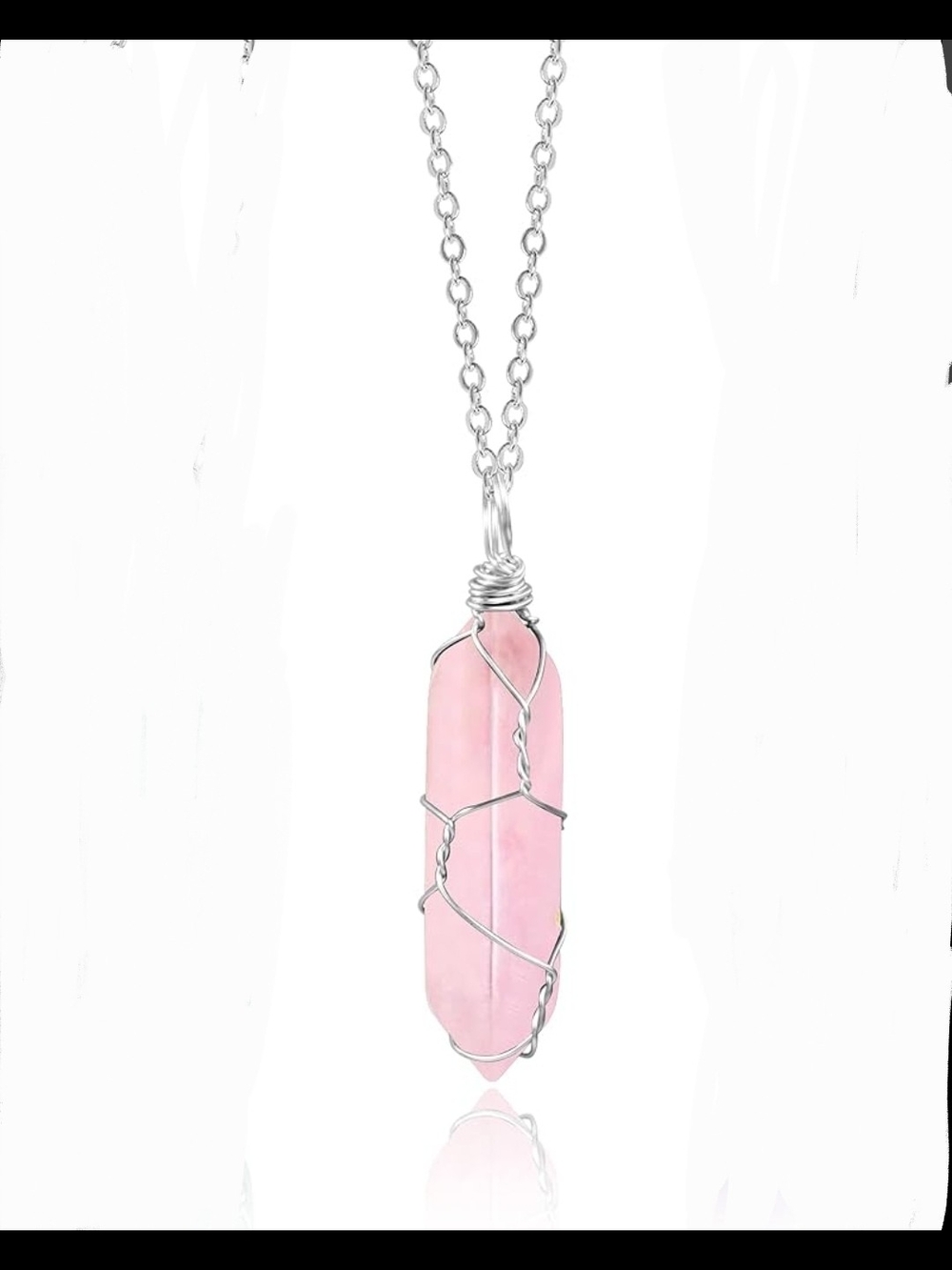 Hexagonal Rose Quartz Crystal Pendant Necklace - Silver Wire Wrapped Setting